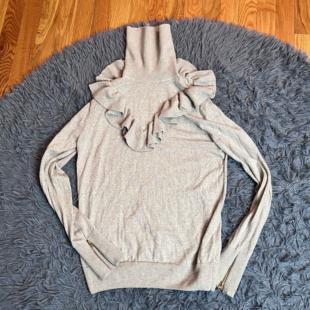 J. Crew Women's Tippi Ruffle Turtleneck Sweater Gray 100% Merino Wool Size M